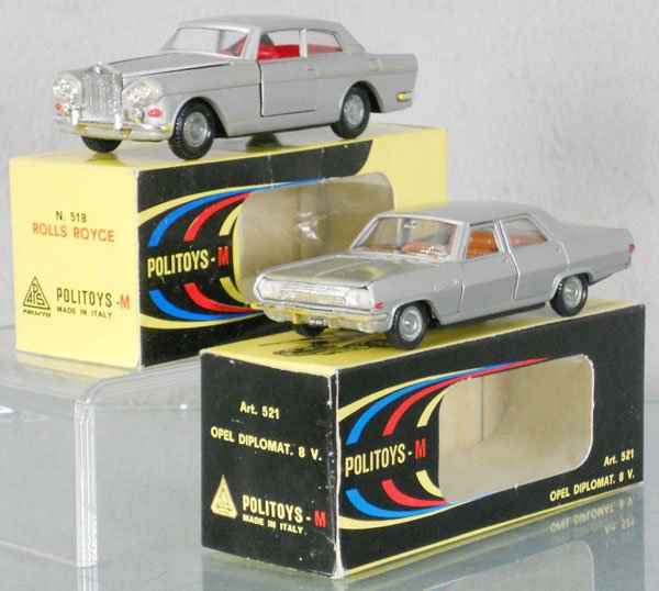 2 POLITOYS AUTOS: die cast, 518 Rolls Royce, w/flocked interior, 521 Opel Diplomat, both have flaking on bumpers, orig boxes, C8-9.