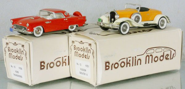 2 BROOKLIN MODELS AUTOS: white metal, 1956 Ford Thunderbird, 1931 Hudson Greater 8, orig boxes & inserts some wear, C9.