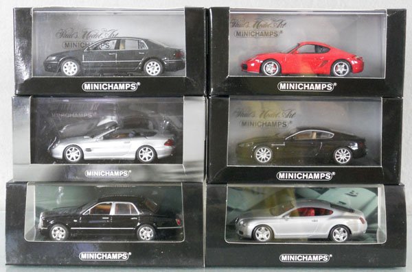 6 MINI CHAMPS AUTOS: die cast, 2 Bentleys, Volkswagen, Mercedes Benz, Aston Martin, Porsche, orig boxes & inserts, C9-10.