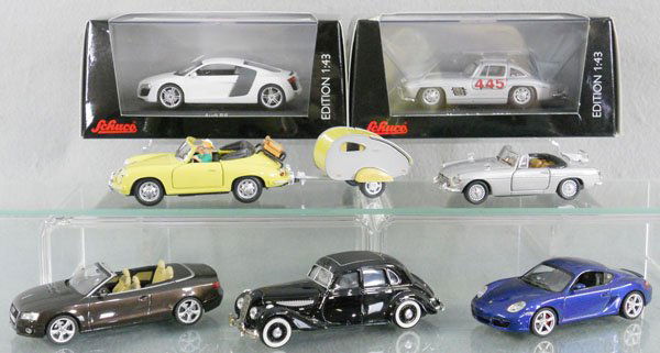 7 SCHUCO AUTOS: die cast, 1 missing a mirror, 2 orig boxes only, C8-10.