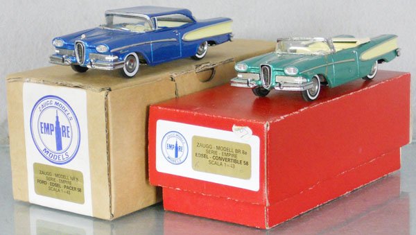 2 ZAUGG MODELS: Empire Series, resin, #8 1958 Edsel Pacer Sedan, #8 Edsel Pacer Convertible, front fender cracked & reglued, orig boxes & inserts minor wear, C7.