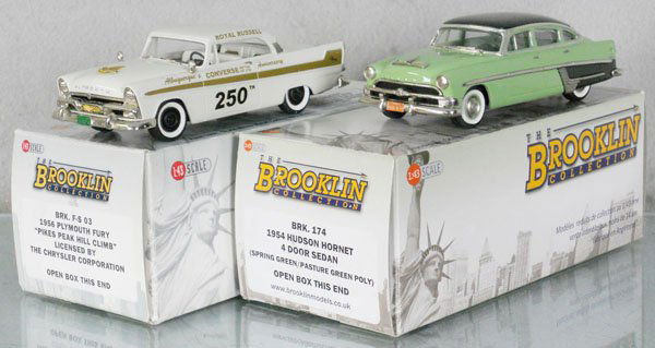 2 BROOKLIN MODELS AUTOS: white metal, 1956 Plymouth Fury, 1954 Hudson Hornet, orig boxes & inserts minor wear, C9.
