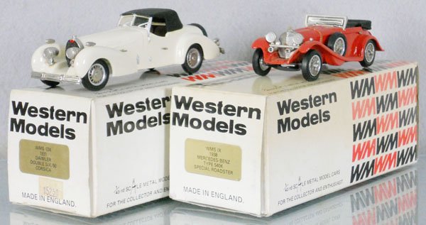 2 WESTERN MODELS AUTOS: white metal, 1935 Bugatti T46, box incorrect to car, 1938 Mercedes Benz Roadster, minor paint chip on front fender, orig boxes & inserts minor wear, C9.