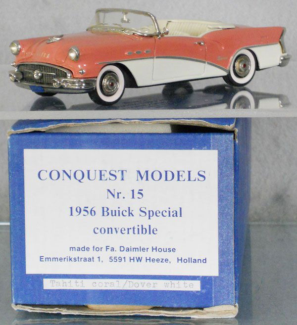 CONQUEST MODELS #15 1956 BUICK SPECIAL CONVERTIBLE: white metal, missing driver vent window, orig box & insert, C9.