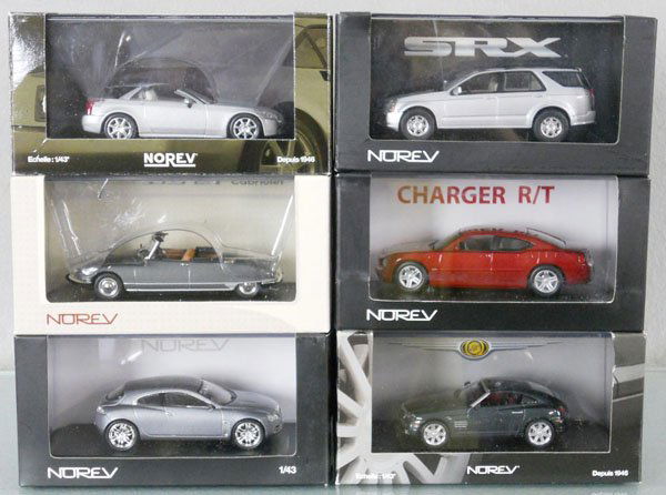 6 NOREV AUTOS: die cast & plastic, Jaguar, Citroen, 2 Cadillacs, Dodge, Chrysler, orig boxes & inserts, C9-10.