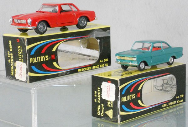 2 POLITOYS AUTOS: 503 Mercedes Benz 230SL, 510 Opel Kadett Coupe, chrome flaking on grille, orig boxes minor wear, C9.
