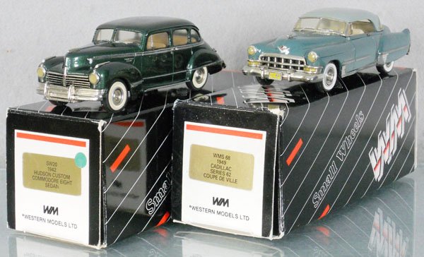 2 WESTERN MODELS AUTOS: white metal, 1942 Hudson Custom Commodore 8 Sedan, 1949 Cadillac Coupe de Ville, orig boxes & inserts minor wear, C9.