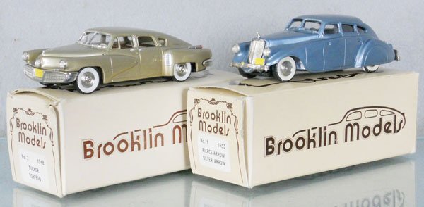 2 BROOKLIN MODELS AUTOS: white metal, 1948 Tucker Torpedo, 1933 Pierce Arrow Silver Arrow, hood ornament reglued, orig boxes & inserts minor wear, C9.