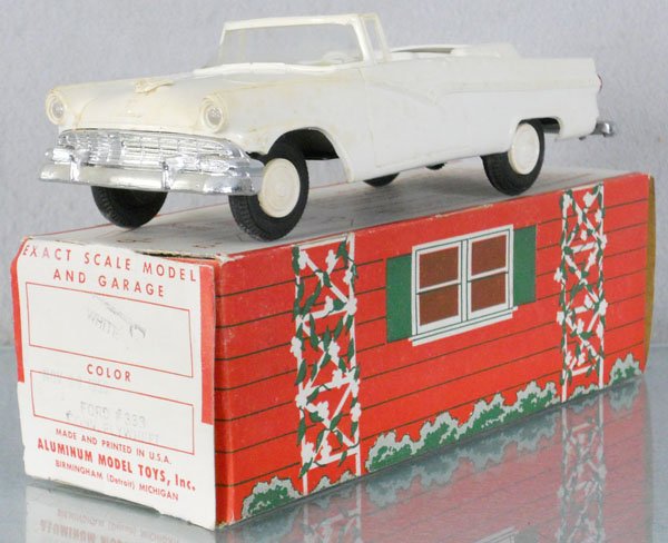 AMT 1955 FORD FAIRLANE SUNLINER PROMO: plastic, white, friction working, discolored & warped, orig box minor wear & 1 flap detached, C6.