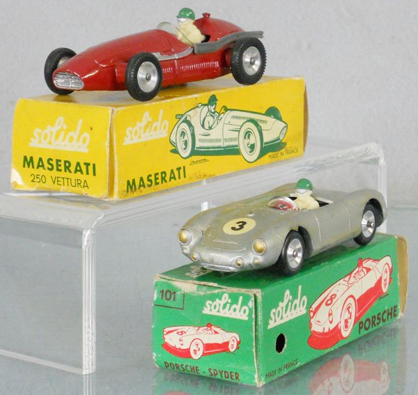 2 SOLIDO RACERS: die cast, 102 Maserati 250, Porsche Spyder, orig boxes worn, C7-8.