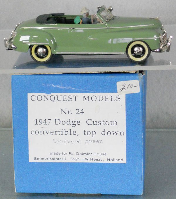 CONQUEST MODELS #24 1947 DODGE CONVERTIBLE: white metal, w/man & woman figures, orig box & insert minor wear, C9.