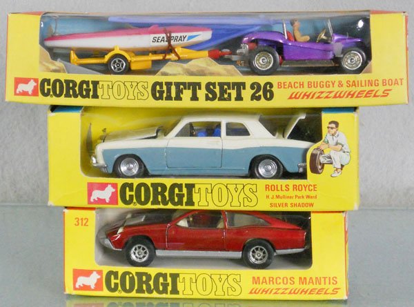 3 CORGI VEHICLES: die cast, GS26 Beach Buggy & Sailing Boat, 273 Rolls Royce Silver Shadow, 312 Marcos Mantis, orig boxes & inserts minor wear, C8-9.