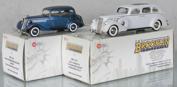 2 BROOKLIN MODELS AUTOS: white metal, 1935 Studebaker Dictator, 1937 Lincoln K Sedan, orig boxes & inserts, C9.