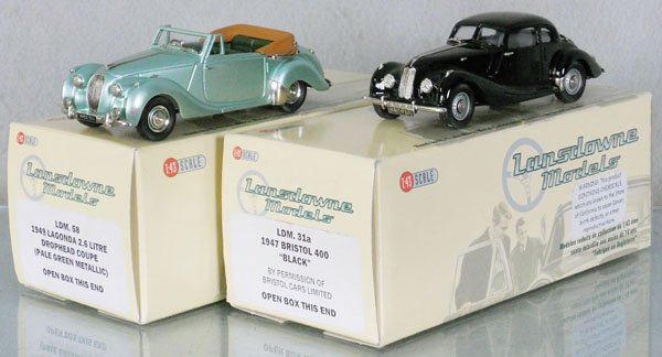 2 LANSDOWNE MODELS AUTOS: white metal, 1949 Lagonda Drophead Coupe, minor paint chip on driver's front fender, 1947 Bristol 400, wiper blade taped to bottom of car, orig boxes & inserts, C8.