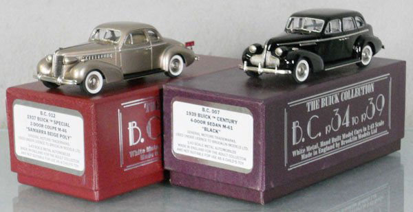 2 BROOKLIN MODELS BUICKS: white metal, 1937 Buick Special M-46, 1939 Buick Century M-61, orig boxes & inserts, C9.