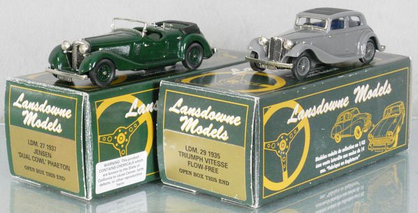 2 LANSDOWNE MODELS AUTOS: white metal, 1935 Triumph Vitesse Flow-Free, 1937 Jensen Dual Cowl Phaeton, orig boxes & inserts minor wear, C9.