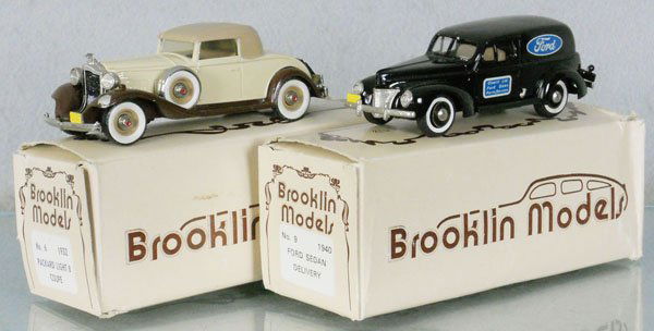 2 BROOKLIN MODELS AUTOS: white metal, 1932 Packard Light 8 Coupe, paint chip on front fender, 1940 Ford Sedan Delivery, scrapes on truck's roof, tiny paint chip on hood, orig boxes & inserts worn, C6-7.