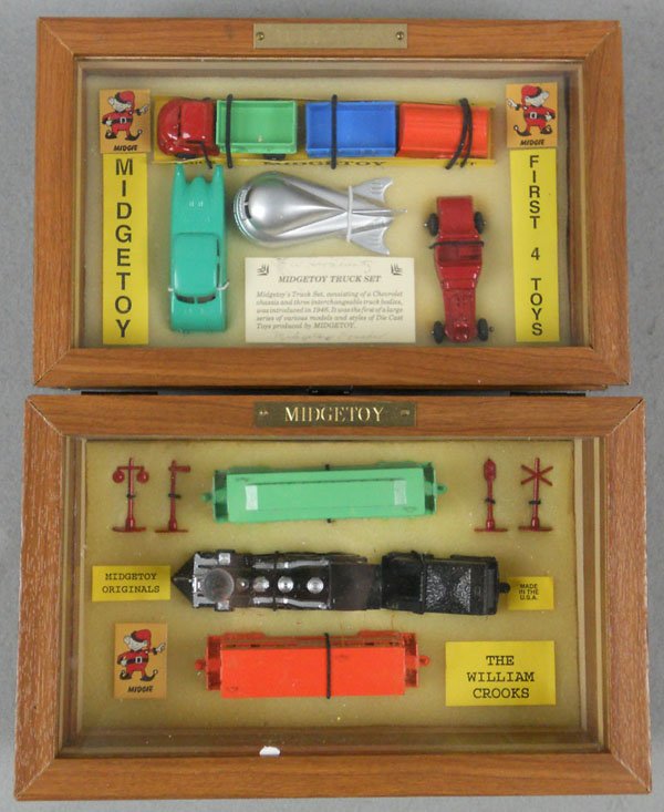 2 MIDGETOY SETS: First 4 Toys & William Crooks Train Set, in wooden display cases, C9-10.