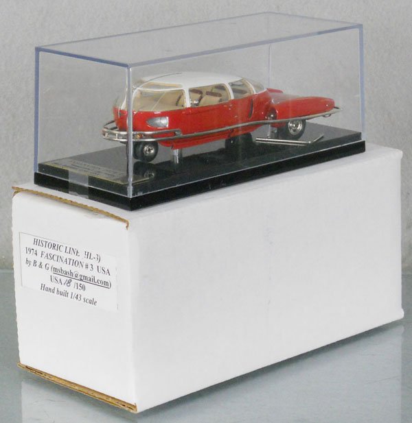 FASCINATION 1974 USA TOMORROW'S CAR TODAY: B&G Historic Line USA, 18/150, resin, 1 loose piece of trim, orig box, C9.