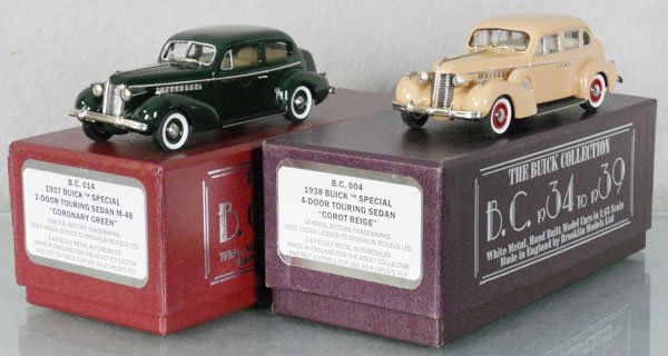2 BROOKLIN MODELS BUICKS: white metal, 1937 Buick Special M-48, 1938 Buick Special Sedan, orig boxes & inserts, C9.