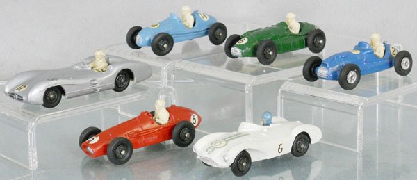 6 CRESCENT GRAND PRIX RACERS: die cast, 1284 Mercedes Benz, 1289 Gordini, 1286 Ferrari, 1287 Connaught, 1288 Cooper Bristol, 1291 Aston Martin, all have minor decal wear & paint chips on drivers, C5-7.