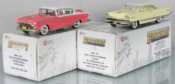 2 BROOKLIN MODELS SEDANS: white metal, 1955 Hudson Hornet, 1956 Lincoln Premier, orig boxes & inserts, C9.