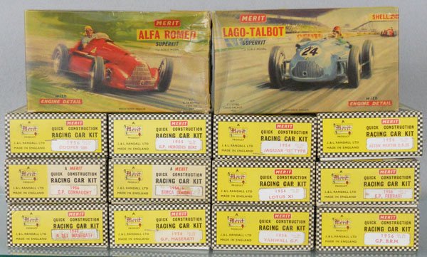 14 MERIT MODEL KITS: plastic, unassembled, from 1948 to 1956, orig boxes, 2 worn, C9-10.