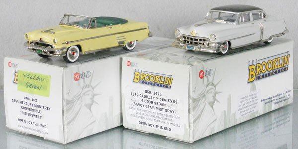 2 BROOKLIN MODELS AUTOS: white metal, 1954 Mercury Monterey Convertible, 1952 Cadillac Sedan, orig boxes & inserts, C9.