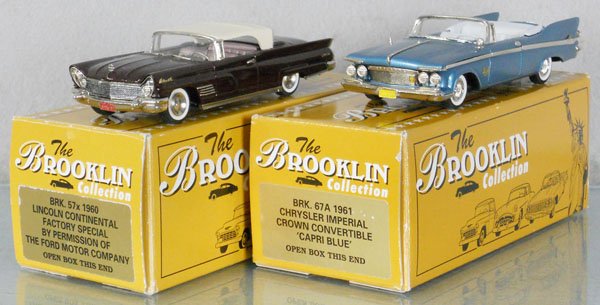 2 BROOKLIN MODELS AUTOS: white metal, 1960 Lincoln Continental, 1961 Chrysler Imperial Crown Convertible, orig boxes & inserts minor wear, C9.