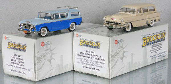 2 BROOKLIN MODELS AUTOS: white metal, 1957 Rambler Cross Country Station Wagon, 1954 Chevy Handyman, orig boxes & inserts, C9.