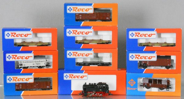 ROCO DRG FREIGHT TRAIN SET: HO ga, 2-rail, 43211 BR80 loco w/cars 46385, 46015, 46103, 46103, 46385, 46385, 4389B, 46385, 46972, orig boxes & inserts, C9-10.