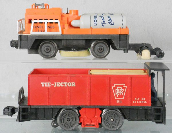 2 LIONEL MOTORIZED UNITS: O ga, 55 tie-jector, w/homemade front piece, 3927 track cleaning car, C5.