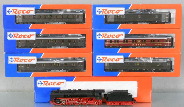 ROCO DRG EXPRESS TRAIN SET: HO ga, 2-rail, 43316 loco & tender w/cars 45443, 45444, 45445, 45446, 45447, 45448, orig boxes & inserts, C9-10.
