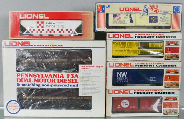 LIONEL PRR TRAIN SET: O ga, 8970 F3A diesel set, tuscan, w/cars 7601, 9262, 9771, 9728, 9415, orig boxes minor wear, C9.