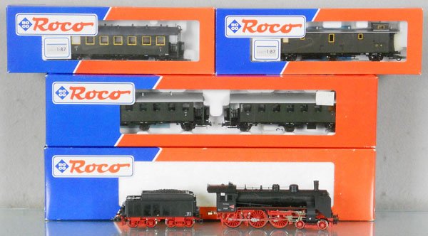 ROCO DR TRAIN SET: HO ga, 2-rail, 43311 BR17, w/cars 44859, 44541, 44855, orig boxes & inserts, C9-10.