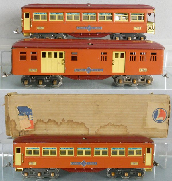 3 LIONEL PASSENGER CARS: std ga, 1767 baggage, 1766 Pullman, 1768 obsv, orig boxes, 1 rough, 2 minor wear, C6.