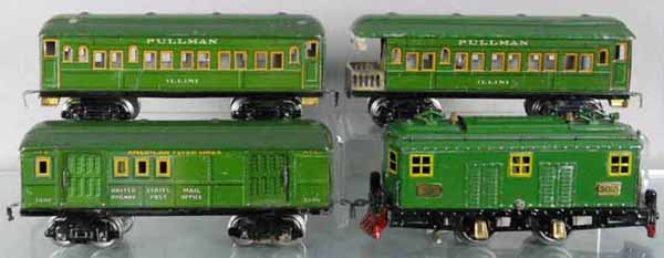 AMERICAN FLYER TRAIN SET: O ga, 3015 loco, 1 headlight broken, 3000 mail car, 3081 Pullman, 3085 obsv, C5-6.