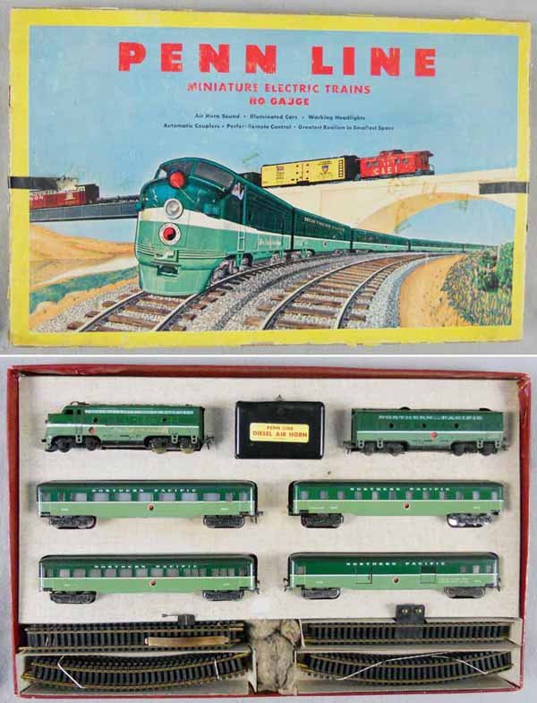 PENN LINE 5506 NP TRAIN SET: HO ga, 2-rail, Penn Line diesel locos w/4 Fleischmann coaches, w/track, orig box & inserts worn, C8.