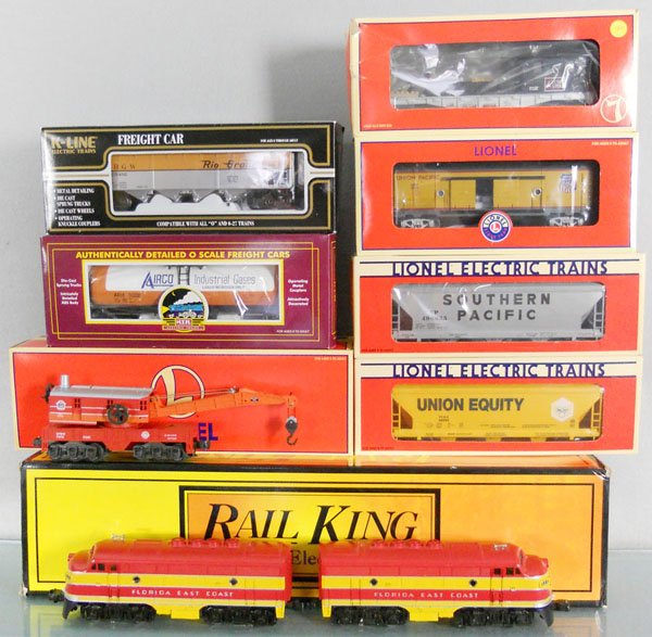 MTH, LIONEL & K-LINE TRAIN SET: O ga, MTH RK-2007LP diesel set w/sound, 20-92011 tank car, Lionel 19963, 26707, 19962, 52412, 52194, K-Line 623-1492, orig boxes minor wear, 1 worn, C9-10.