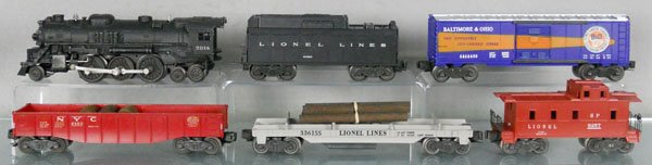 LIONEL 1555WS TRAIN SET: O ga, 2018 loco, repainted, cowcatcher missing steps, 6026W tender, 6464-400 B&O box car, 6462-125 gondola, 3361X lumber car, 6257 caboose, orig boxes, 1 taped, orig set box minor wear, C5-8.