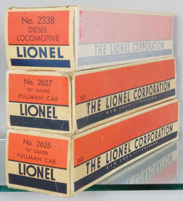 3 LIONEL EMPTY ORIG BOXES: O ga, 2625, 2627, 2338, orig boxes worn, all missing flaps on 1 end, C5.