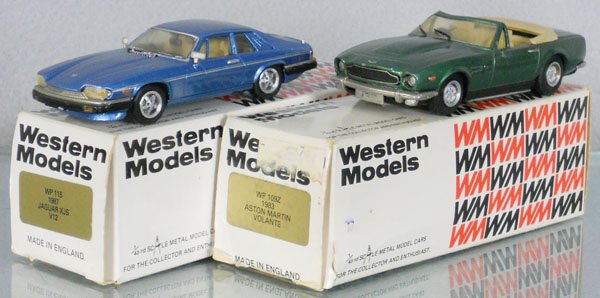 2 WESTERN MODELS AUTOS: white metal, 1987 Jaguar XJS, orig box minor wear, C9, 1983 Aston Martin Volante Convertible, missing side view mirrors, 2 paint chips, orig box minor wear, C7.