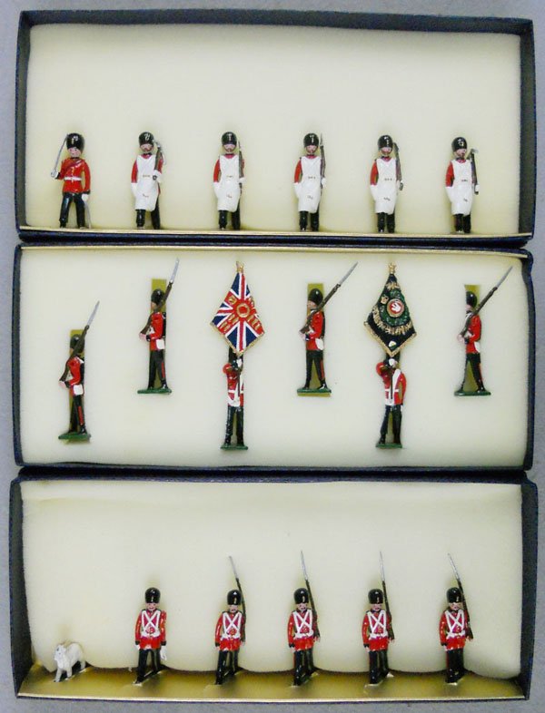 3 BLENHEIM ROYAL WELCH FUSILERS SETS: B29 Pioneers, 6 pieces, B31 Colours, 6 pieces, B28, w/mascot & handler, 6 pieces, orig boxes & inserts minor wear, C9-10.