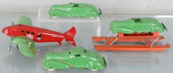 5 WYANDOTTE TOYS: painted pressed steel, 3 Chevrolets, DC3, Service Ramp, C5-8.