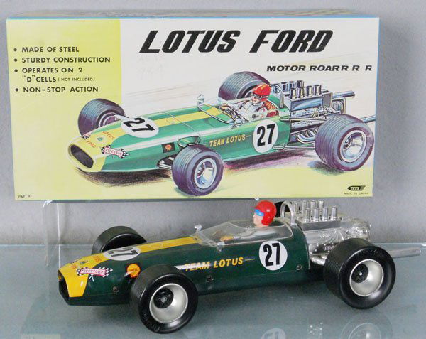 TADA LOTUS FORD: litho tin & plastic, 15" long, battery operated, working, orig box & insert, C9.