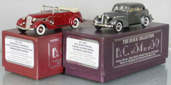 2 BROOKLIN MODELS AUTOS: white metal, 1934 Convertible Phaeton M-68C, license plate reglued, 1937 Special Touring Sedan, orig boxes, C9.