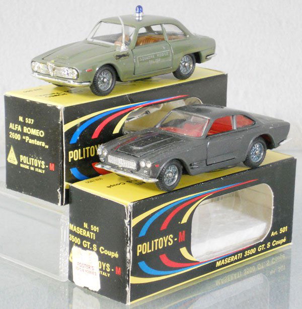 2 POLITOYS AUTOS: 537 Alfa Romeo 2600 Pantera Police, 501 Maserati 3500, orig boxes, C9.