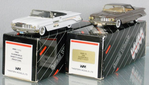 2 WESTERN MODELS 1960 OLDS 98's: white metal, Pace Car Convertible & Sedan, orig boxes minor wear, C9.