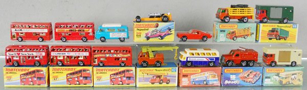 14 MATCHBOX SUPERFASTS: MB84, MB16A1, MB17A1, MB17A4, MB17B30, only 1 label, MB17B1, MB17B61, only 1 label, MB17C2, Leyland Titan "You'll Love NY" Bus, w/3 #17 The Londoner empty orig boxes, MB23A1, w/Plantsville, CT labels,