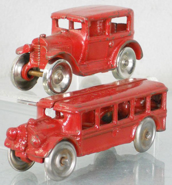 ARCADE & AC WILLIAMS AUTOS: painted cast iron, steel wheels, Arcade Sedan, 4" long, AC Williams Bus, 5" long, C5-6.
